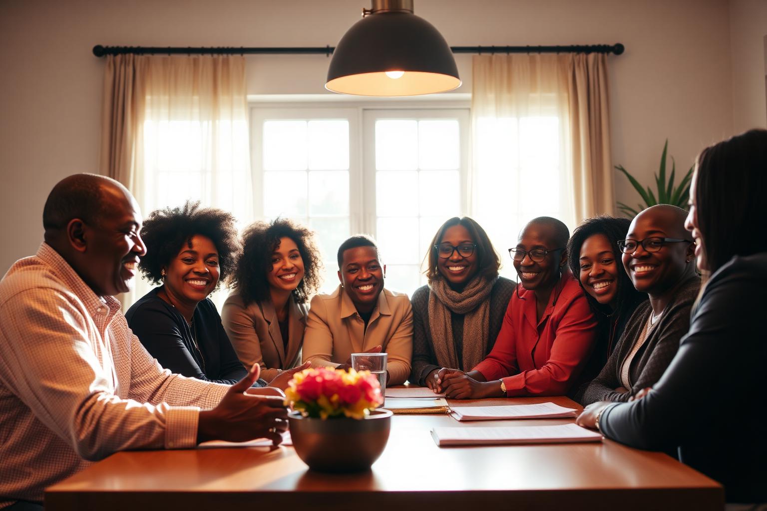 Diverse nonprofit and community leaders collaborating warmly around a table